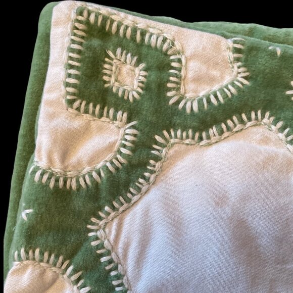 Pottery Barn Decorative Pillow Cover Green & White Cotton/Velvet With Embroidery - Picture 6 of 6